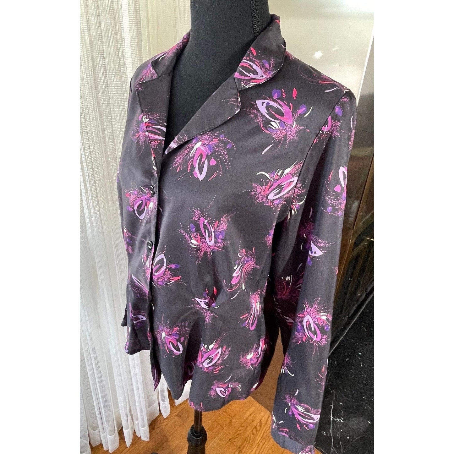 Vintage 80s satin blouse, black and hot pink, long sleeves