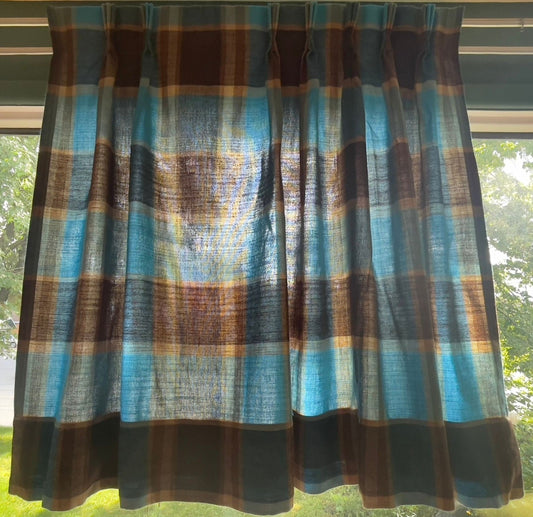 Vintage 80s pleated curtain, blue brown plaid panel