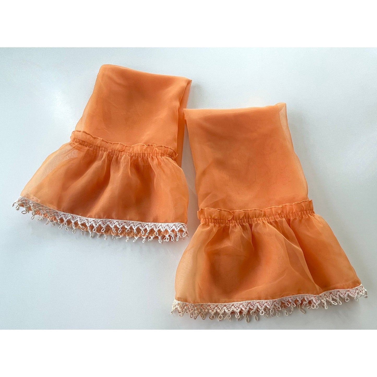 Vintage 70s curtains, pair of orange sheer ruffled panels