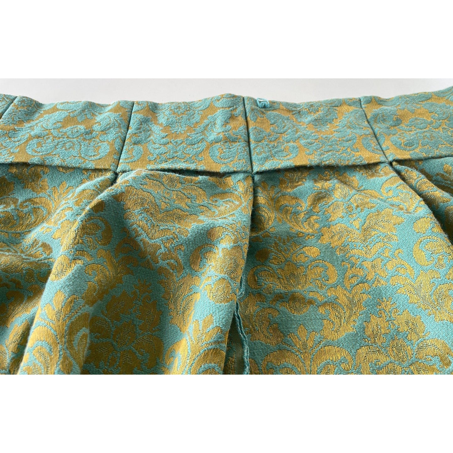 Vintage 60s pleated curtain, teal gold damask