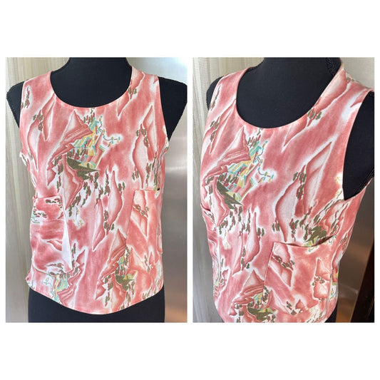 Vintage 80s tank top with pockets, pink abstract pattern