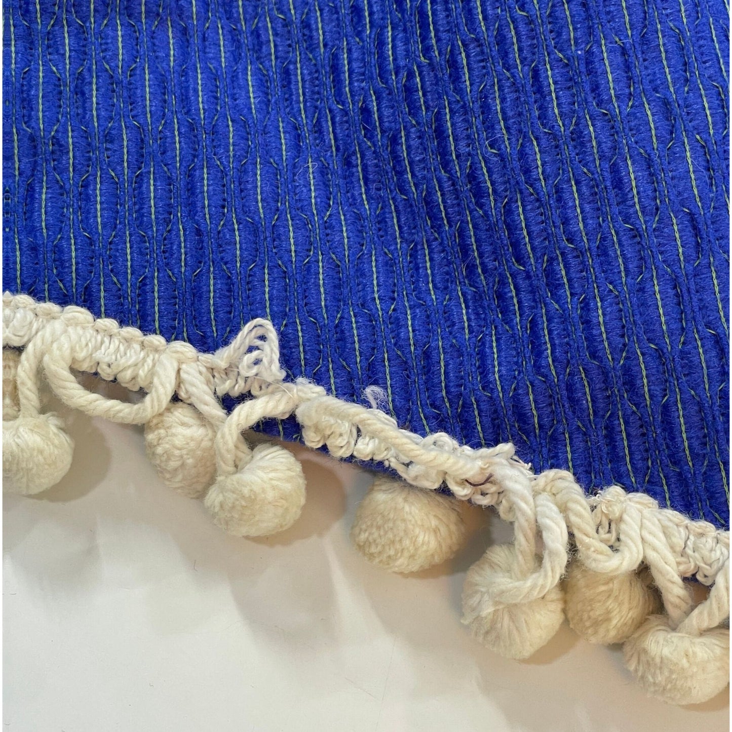 Vintage 70s pleated  curtain, indigo with white pompoms swag valance