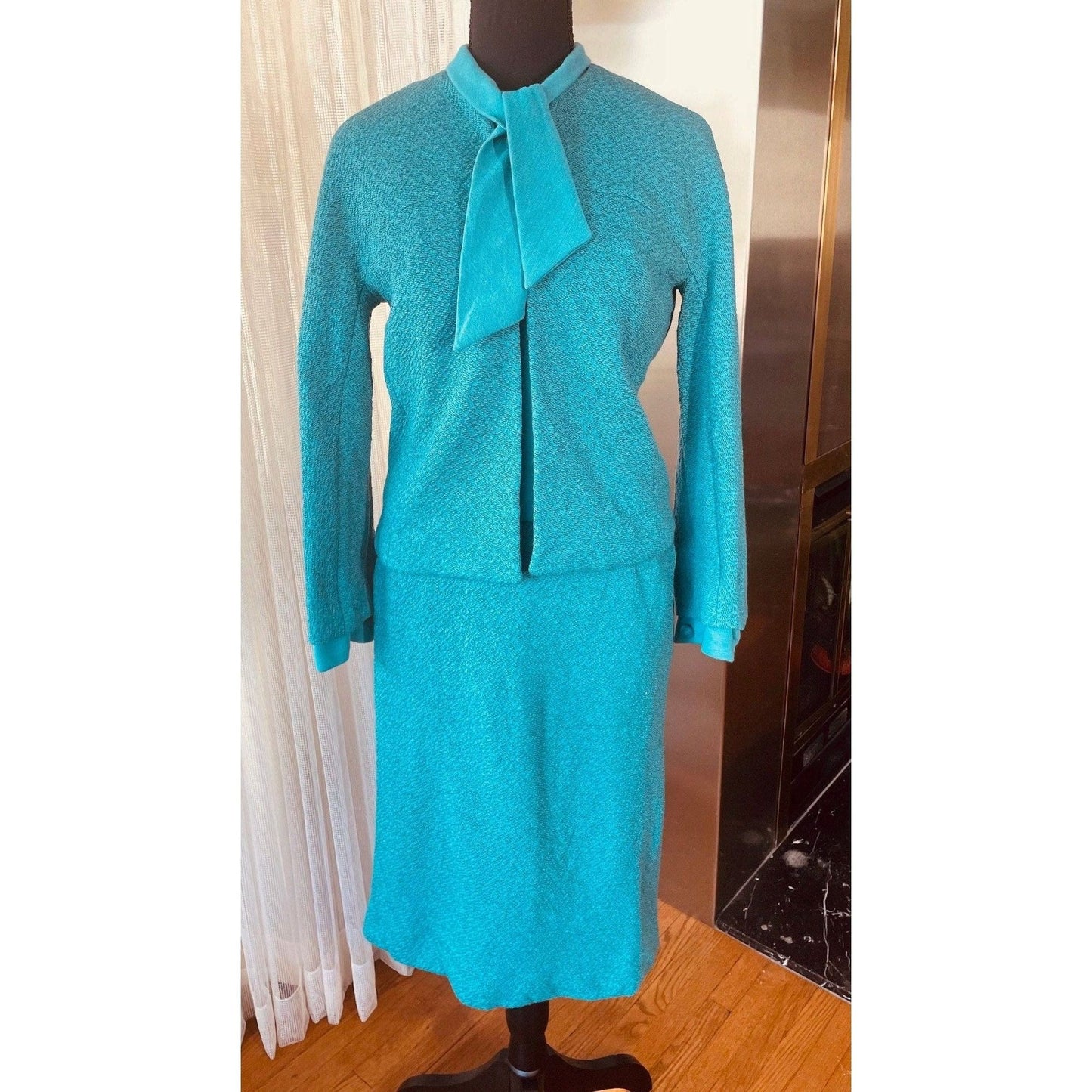 Vintage 1960s 3 pieces suit, 100% wool, teal jacket, top and straight skirt, AlJean