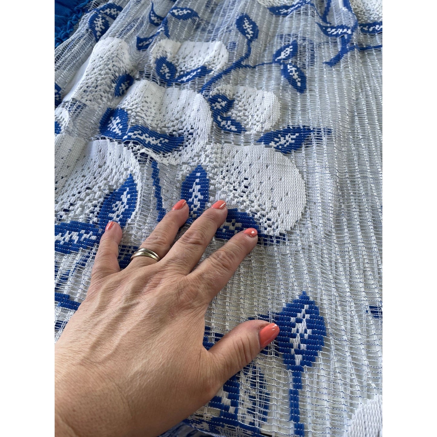 Vintage 80s ruffled double curtains, royal blue, white mesh