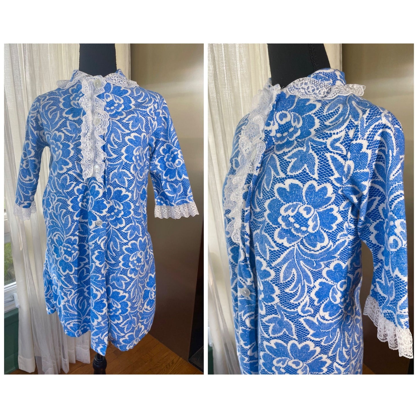 Vintage 1950s peignoir, Dream-A-Way, blue floral 3/4 sleeves