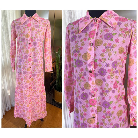 Vintage 70s maxi dress, MOD flower power, long sleeves