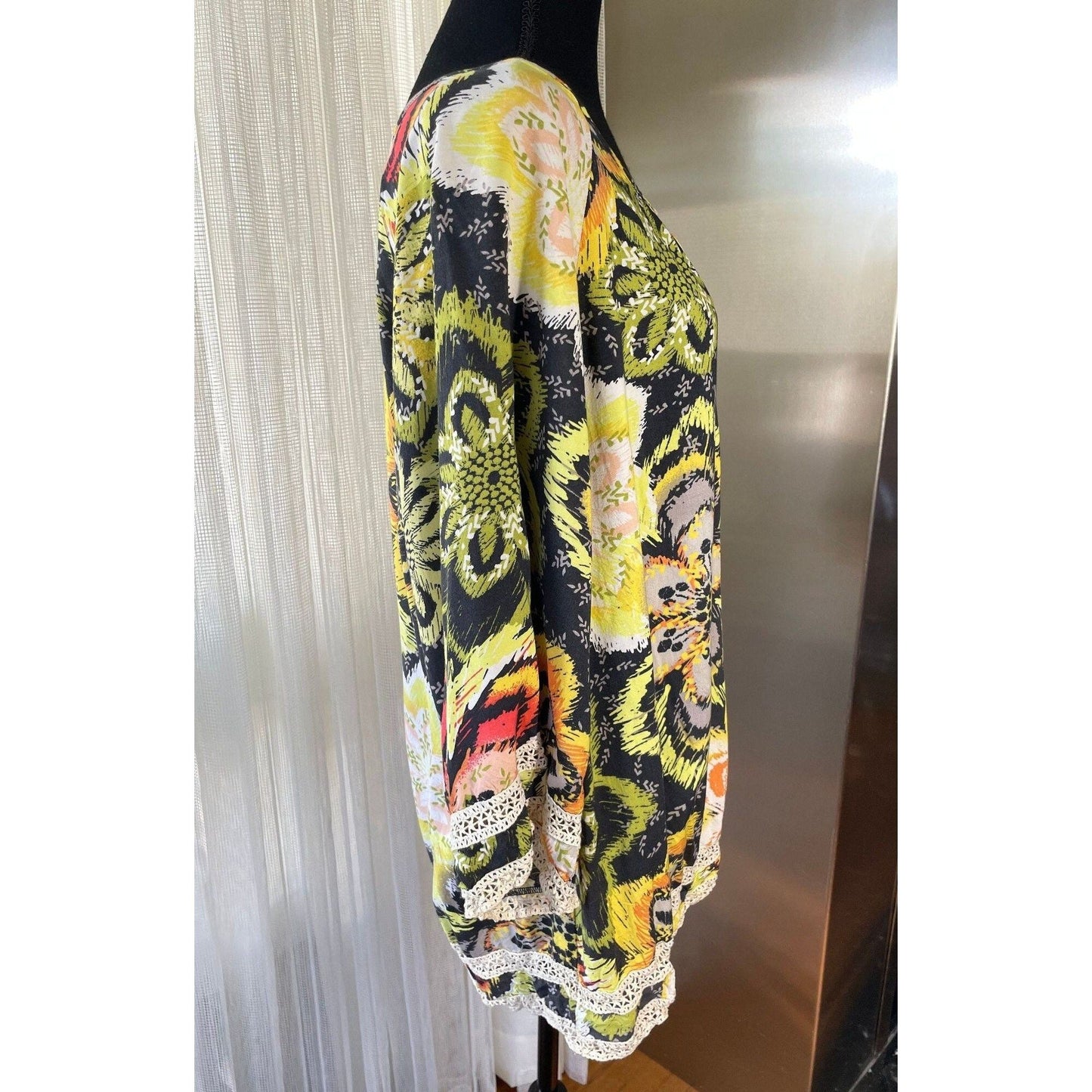 Vintage 80s oversized blouse, black, yellow orange flowers, bell sleeves