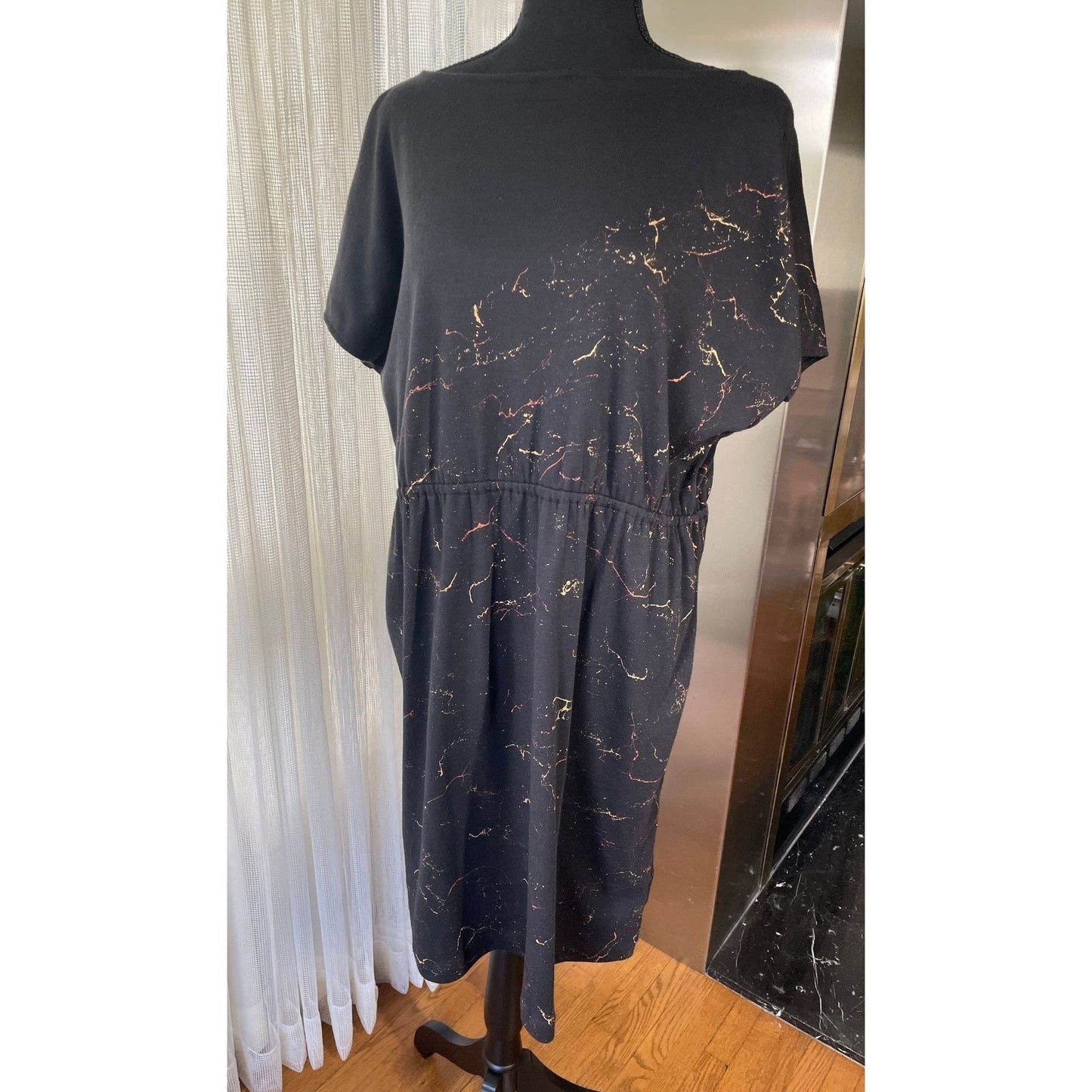 Vintage 80s dress, black with splatter print dress, batwing