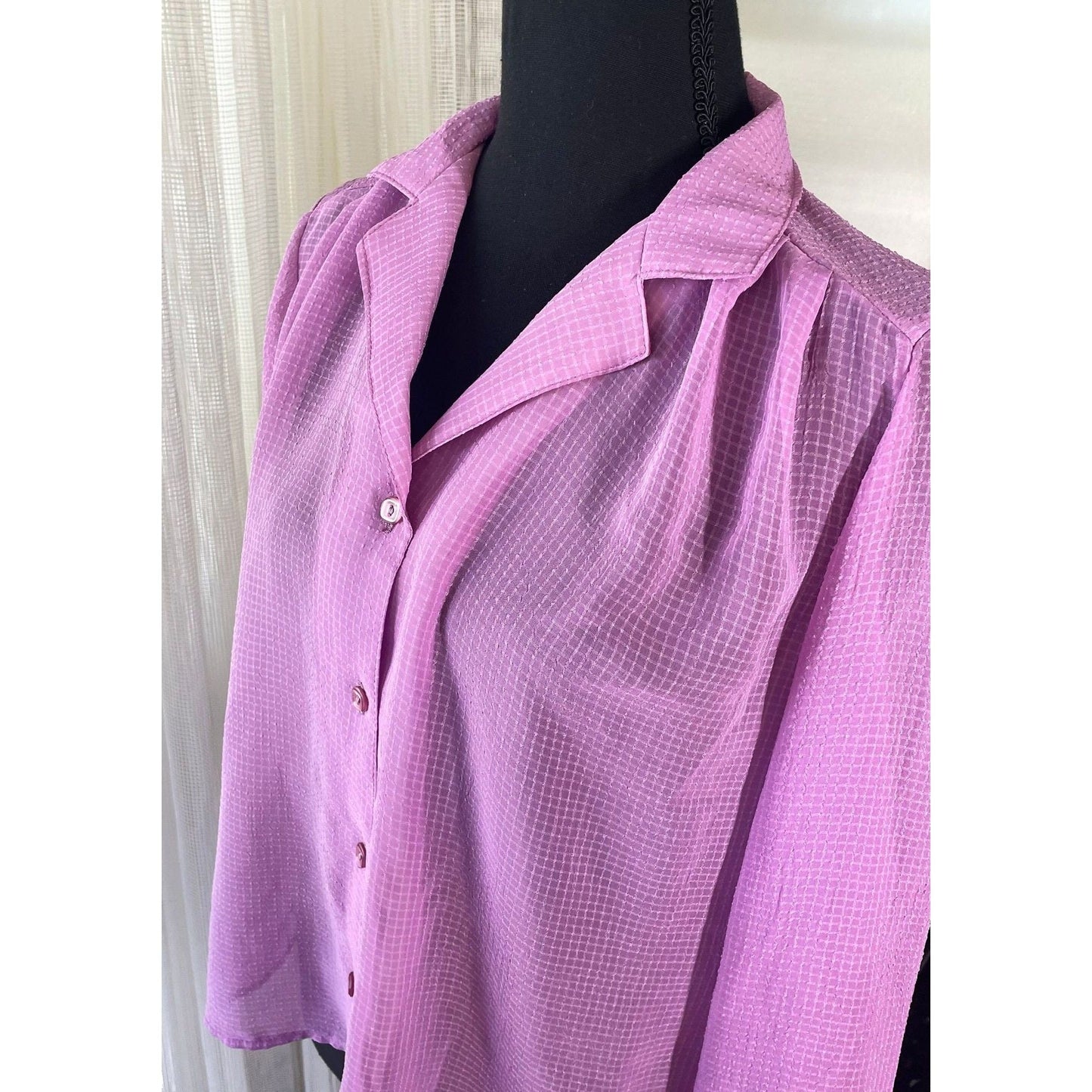 Vintage 80s sheer blouse, pink textured, long sleeves