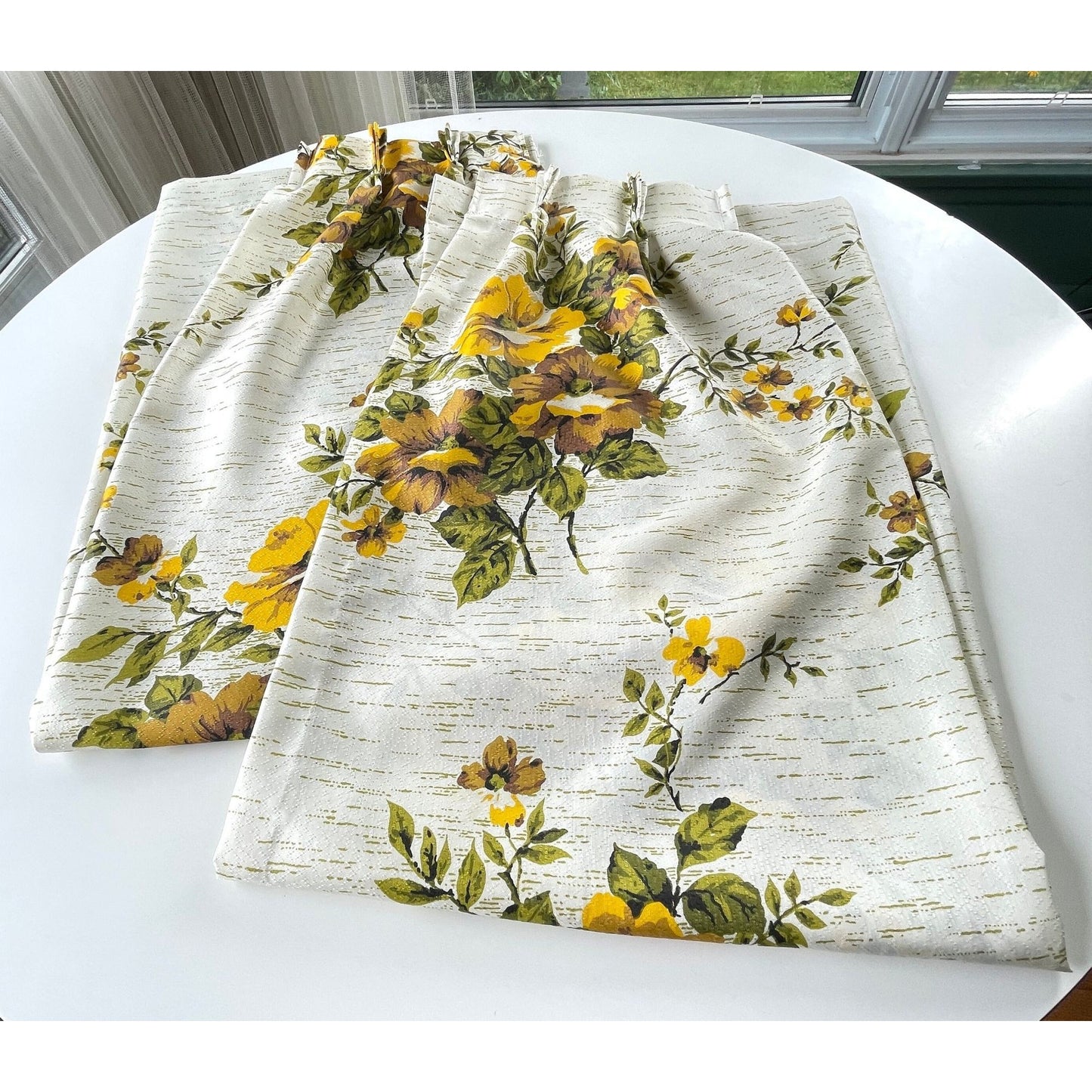 Vintage 60s pleated curtains, yellow bold floral fiberglass panels