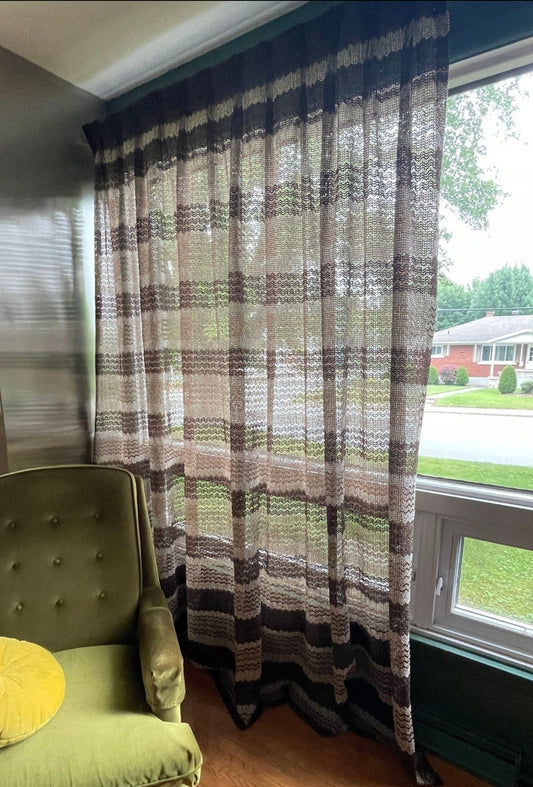 Vintage 70s pleated curtain, brown geometric stripes, single panel