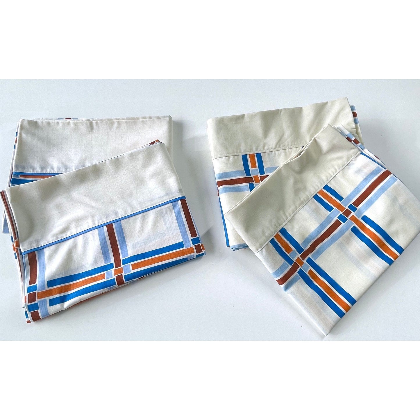 Vintage 70s pillowcases, plaid geometric pattern, TruPrest
