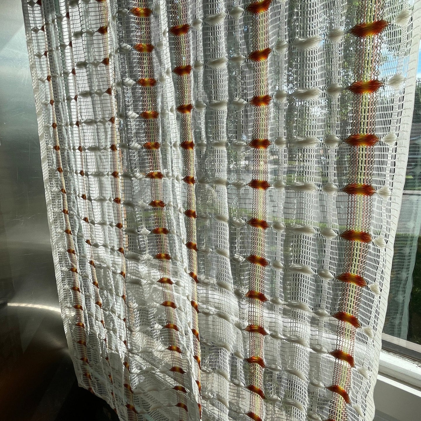 Vintage 70s curtain, orange groovy pattern, mesh panel