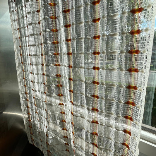 Vintage 70s curtain, orange groovy pattern, mesh panel