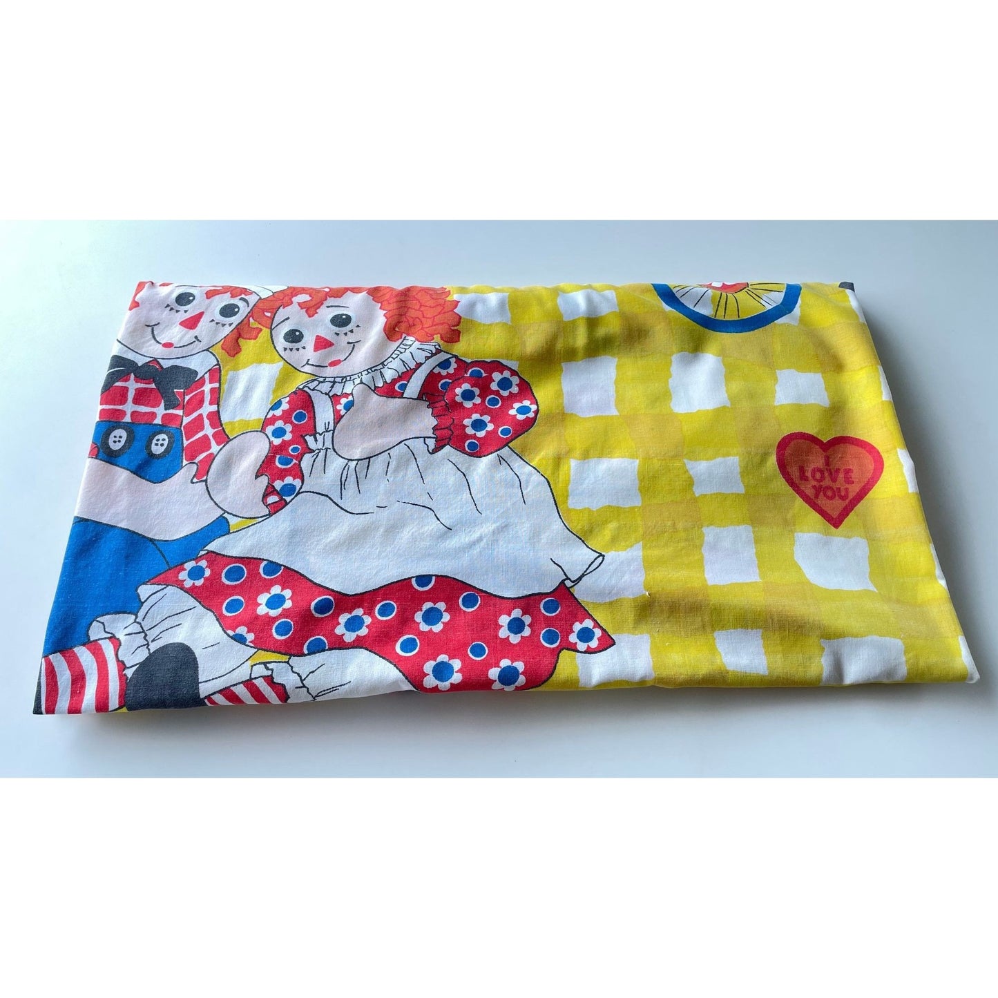 Vintage 70s fitted sheet, Raggedy Ann and Andy, twin size bed Bobbs-Merrill