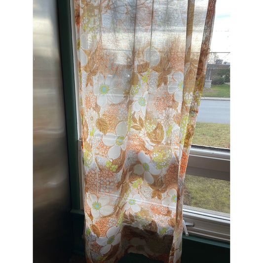 Vintage 70s pleated curtain, orange flowers, sheer panel