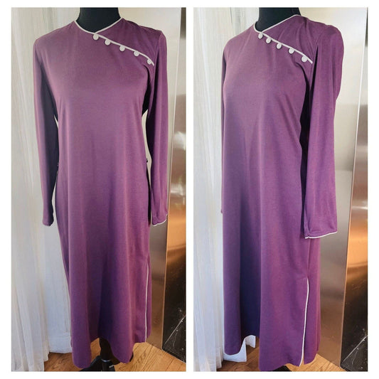 Vintage 80s dress, purple and grey, long sleeves, Mr Edwards