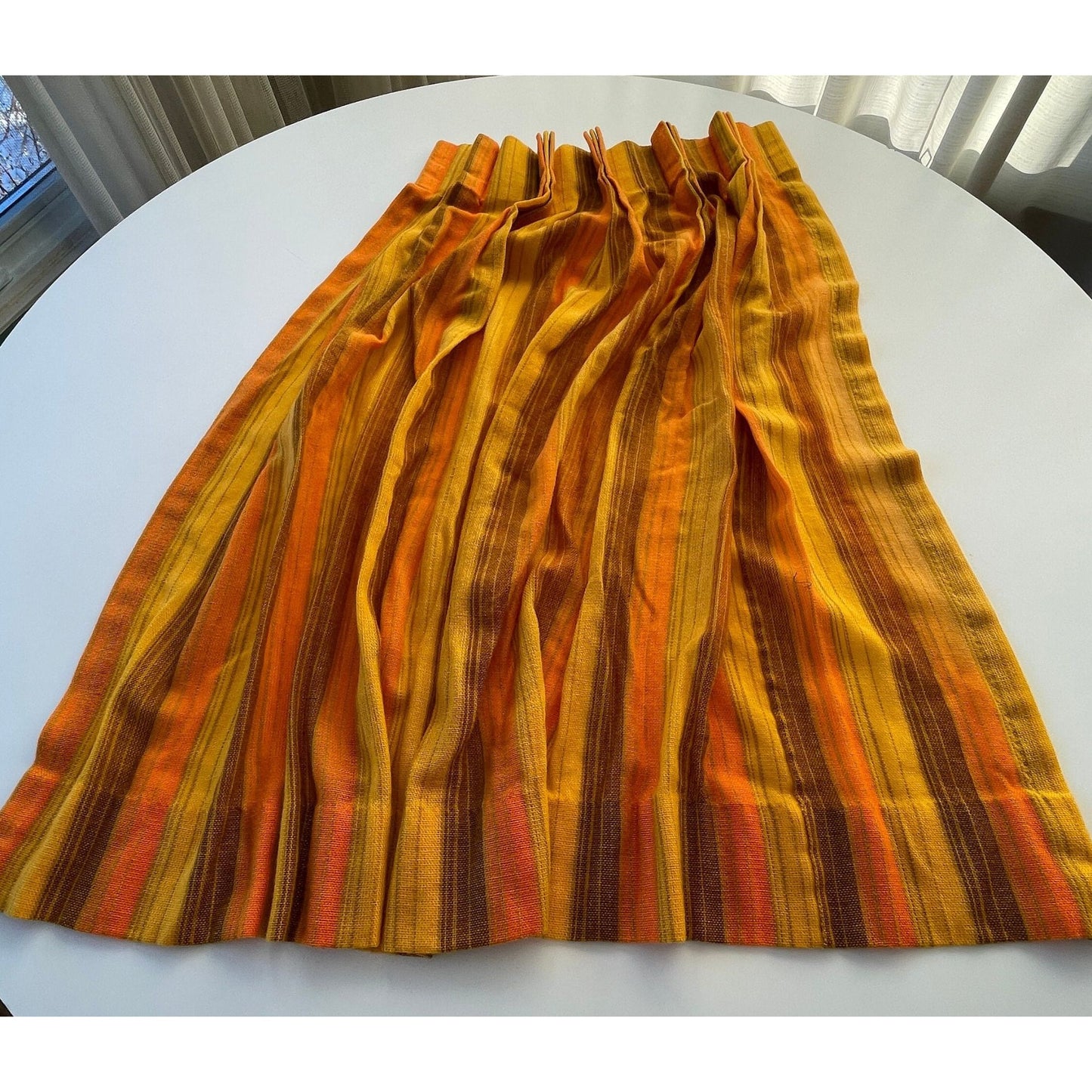 Vintage 70s pleated curtain, orange yellow stripes