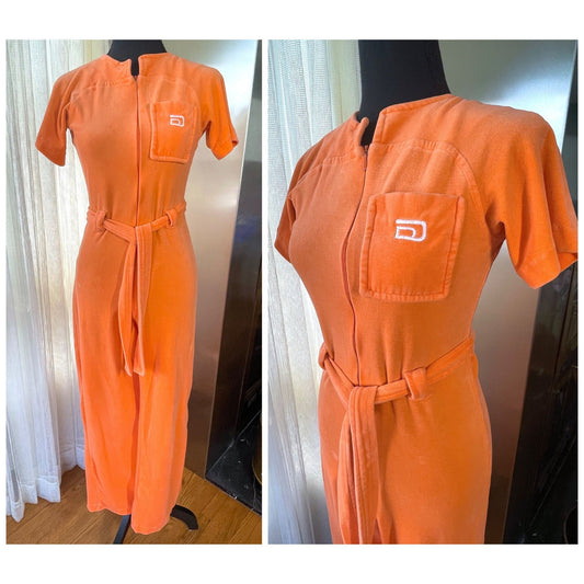 Vintage 70s jumpsuit, orange velvet wide leg romper, Diamonds Tea Gown