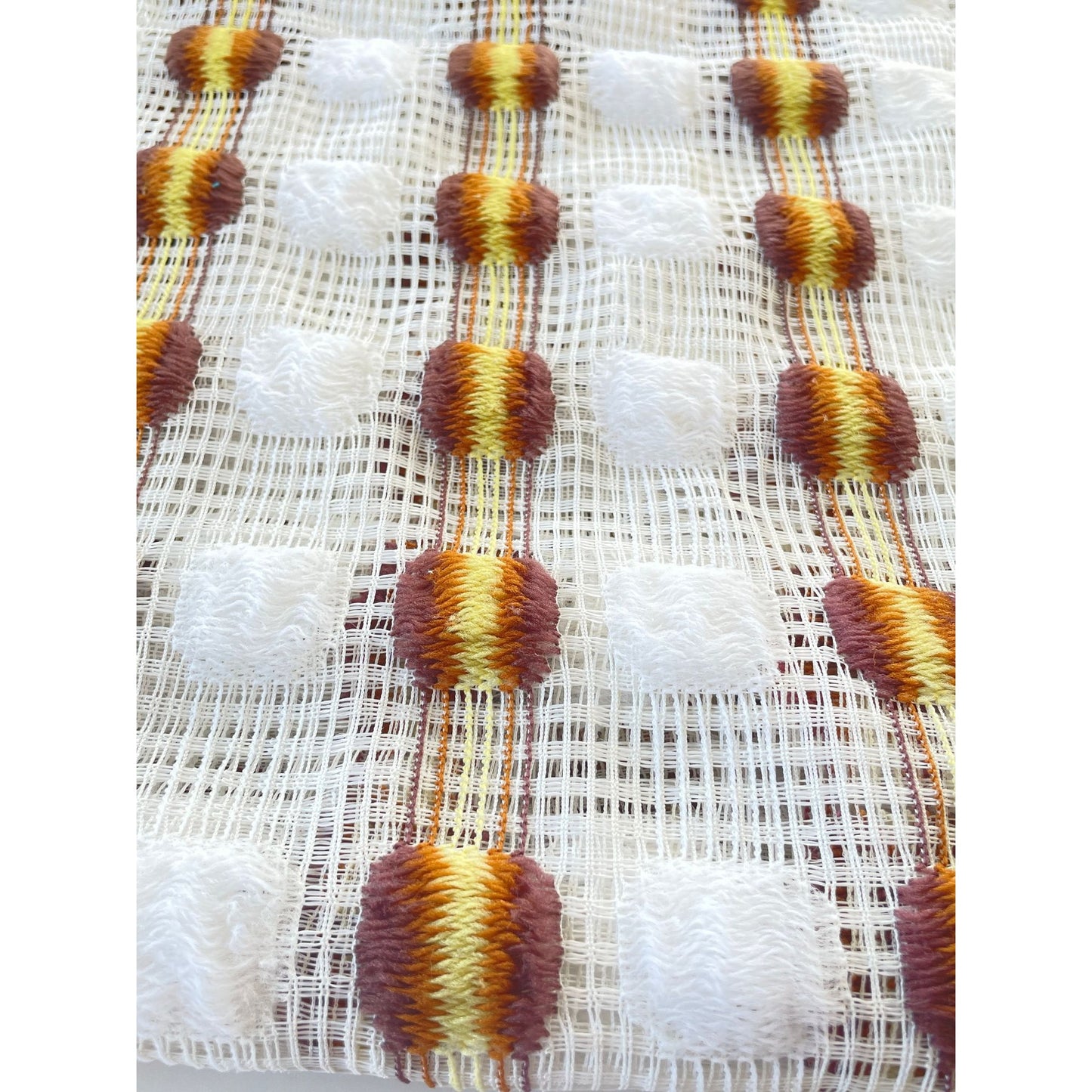 Vintage 70s curtain, orange yellow geometric pattern, mesh panel