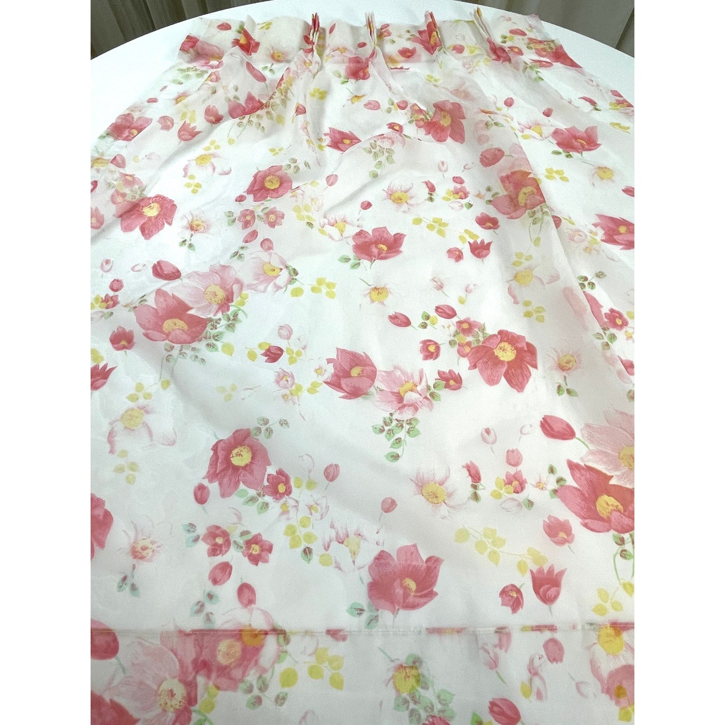 Vintage 70s pleated curtain, pink floral, sheer panel