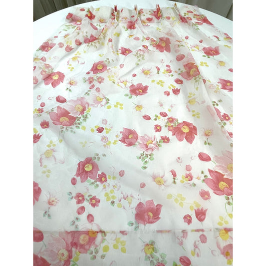 Vintage 70s pleated curtain, pink floral, sheer panel