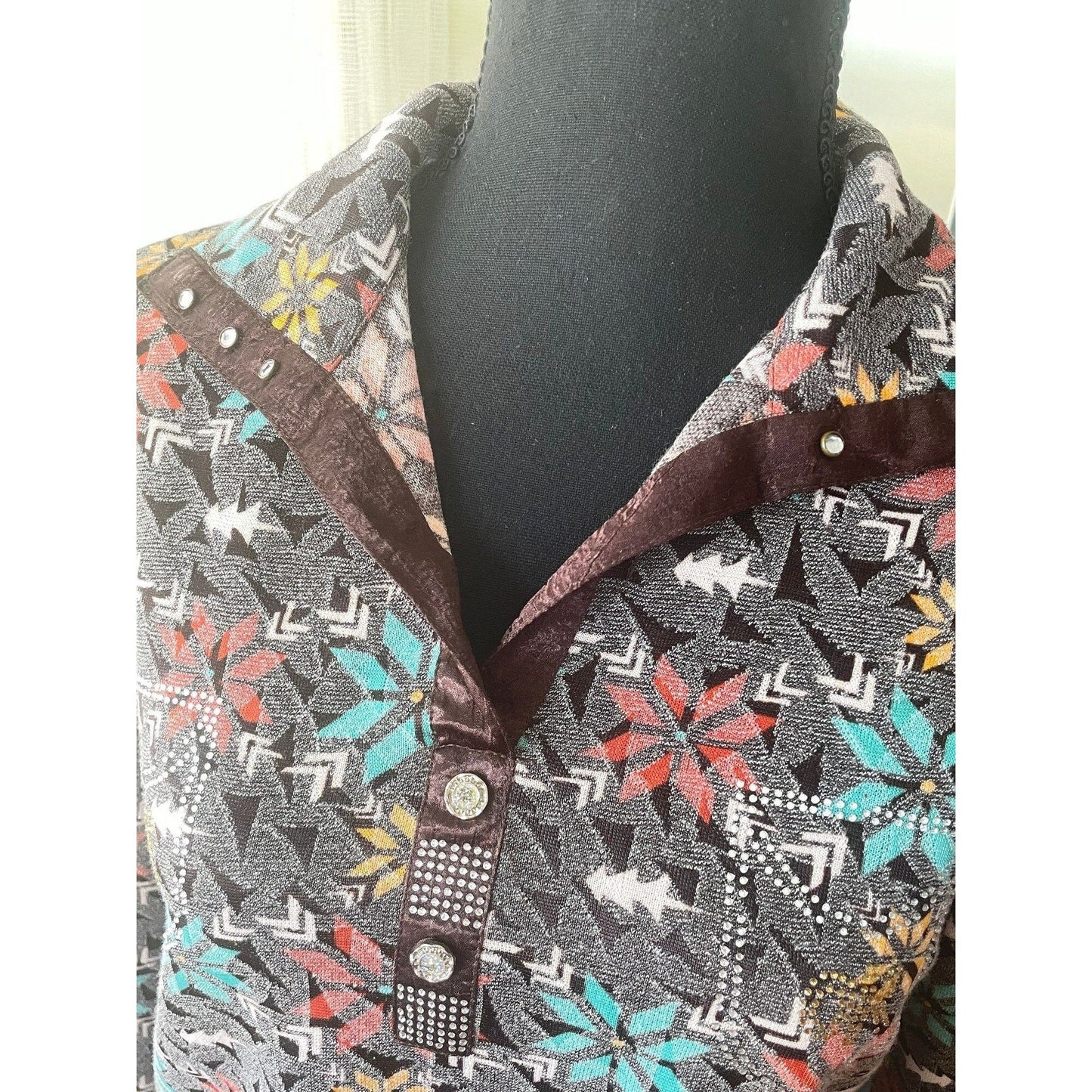 Vintage 70s top, taupe brown, glitter studded top, long sleeves