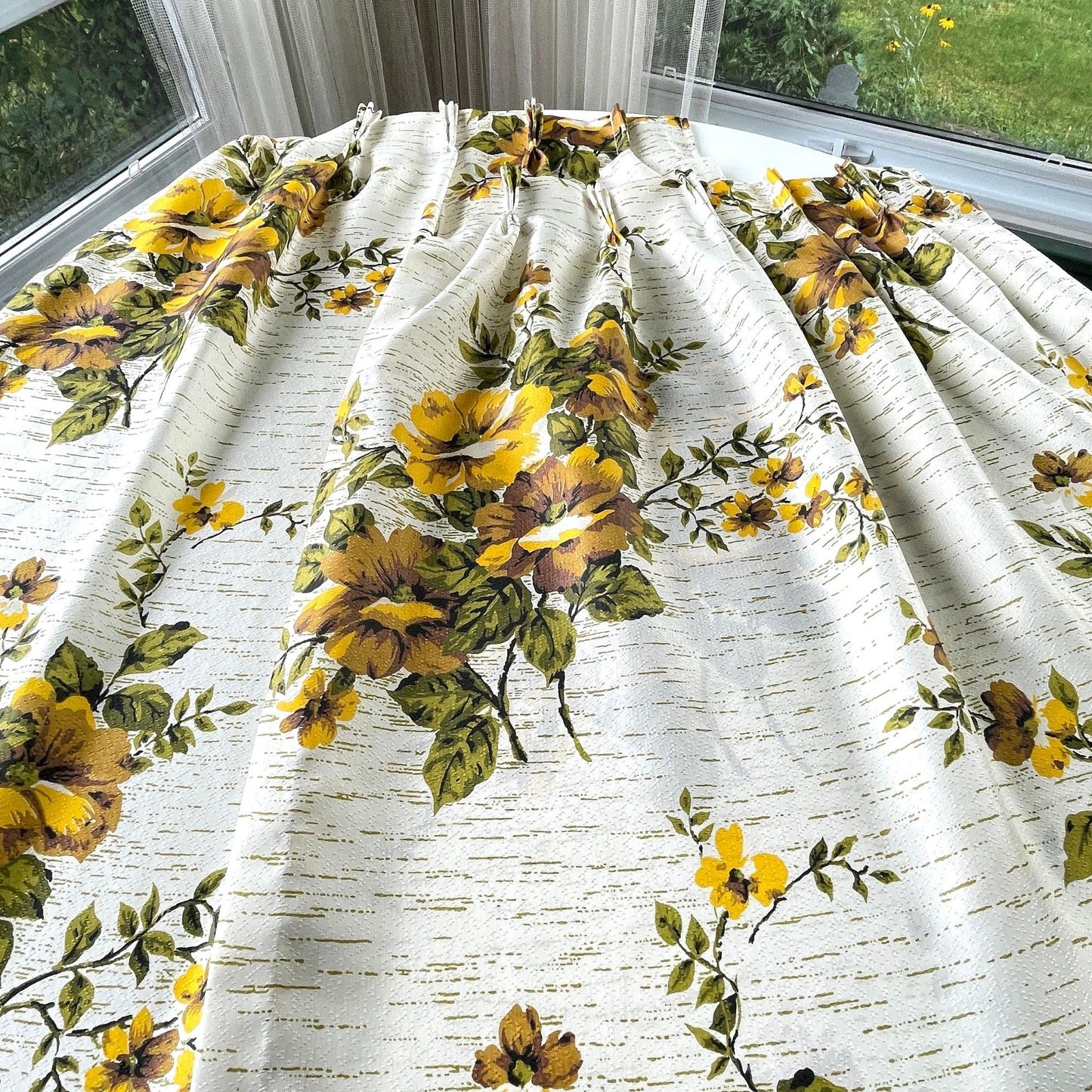 Vintage 60s pleated curtains, yellow bold floral fiberglass panels