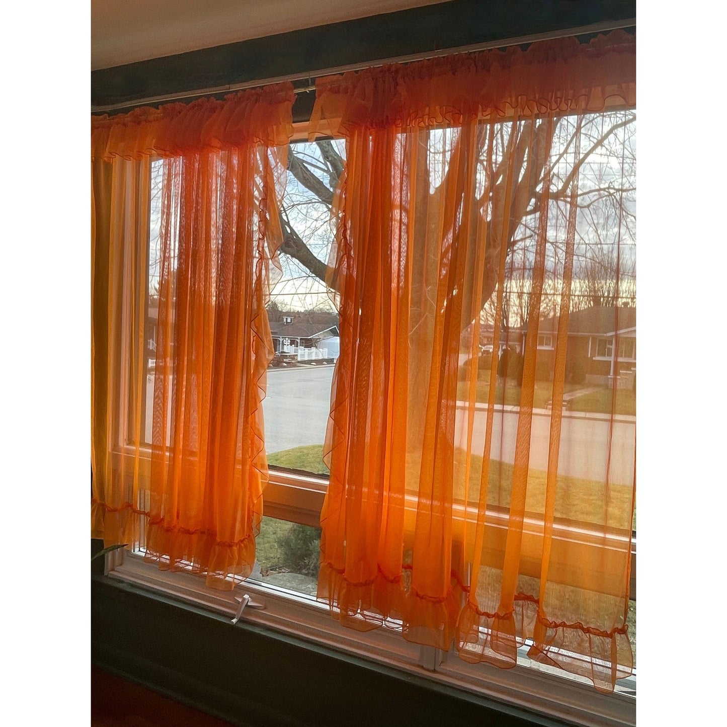 Vintage 70s curtains, orange sheer ruffled panels