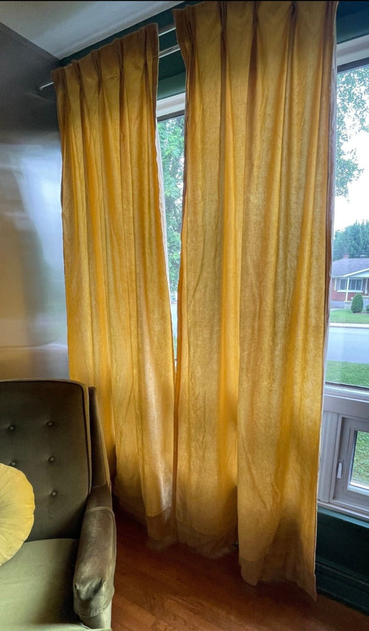 Vintage 70s yellow velvet pleated curtains