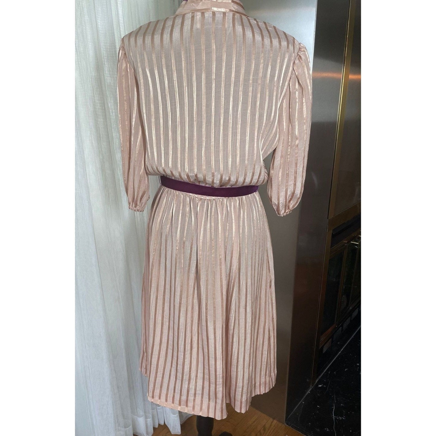 Vintage 80s dress, gold rose textured, velvet raspberry ribbon