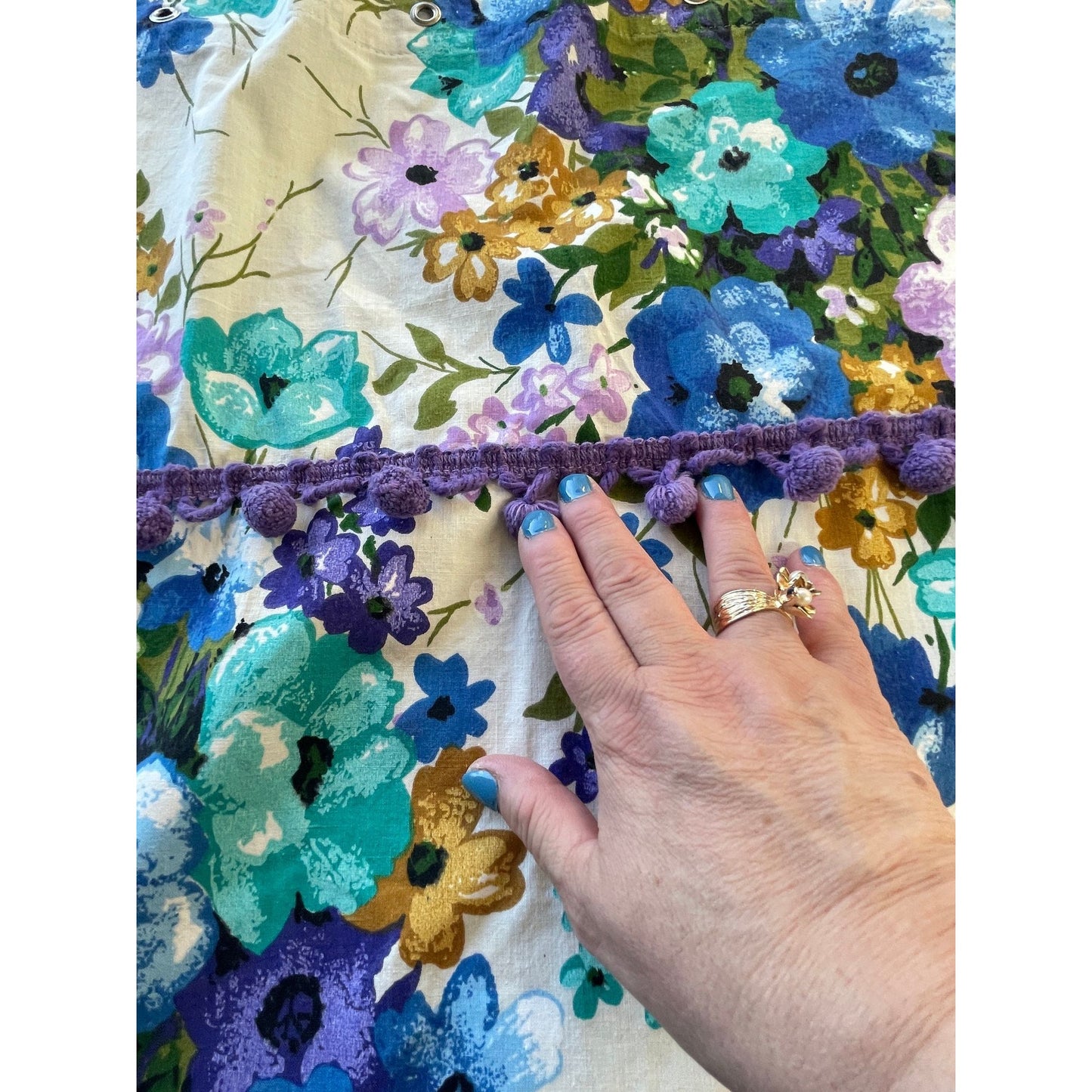 Vintage 70s purple and blue shower curtain, with valance and pom poms