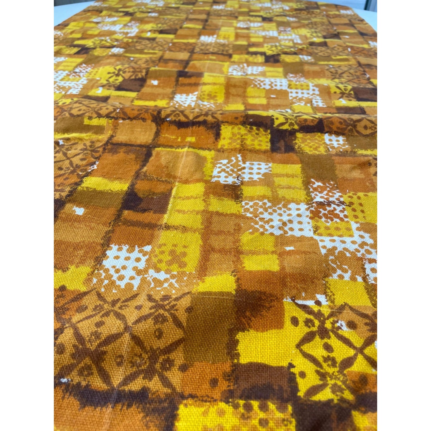 Vintage 60s mod tablecloth, orange geometric pattern