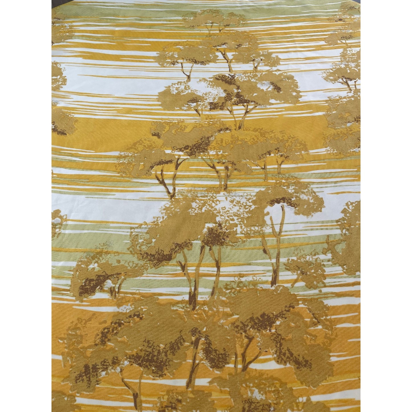 Vintage 70s curtains, green orange forest pattern, pair sheer panels