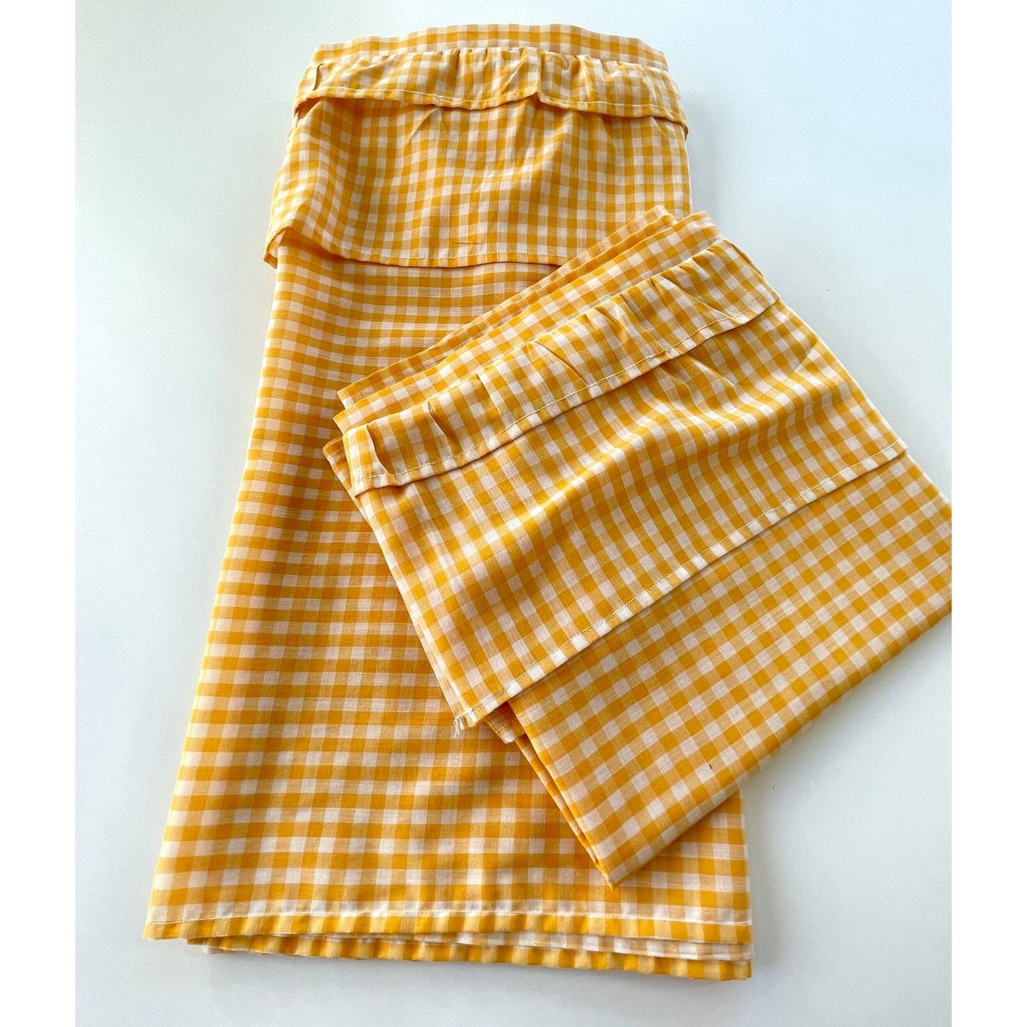Vintage 70s valance curtain, yellow white checkered