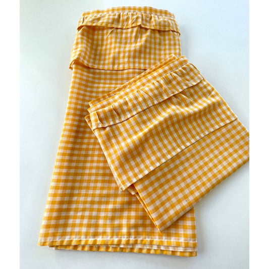 Vintage 70s valance curtain, yellow white checkered