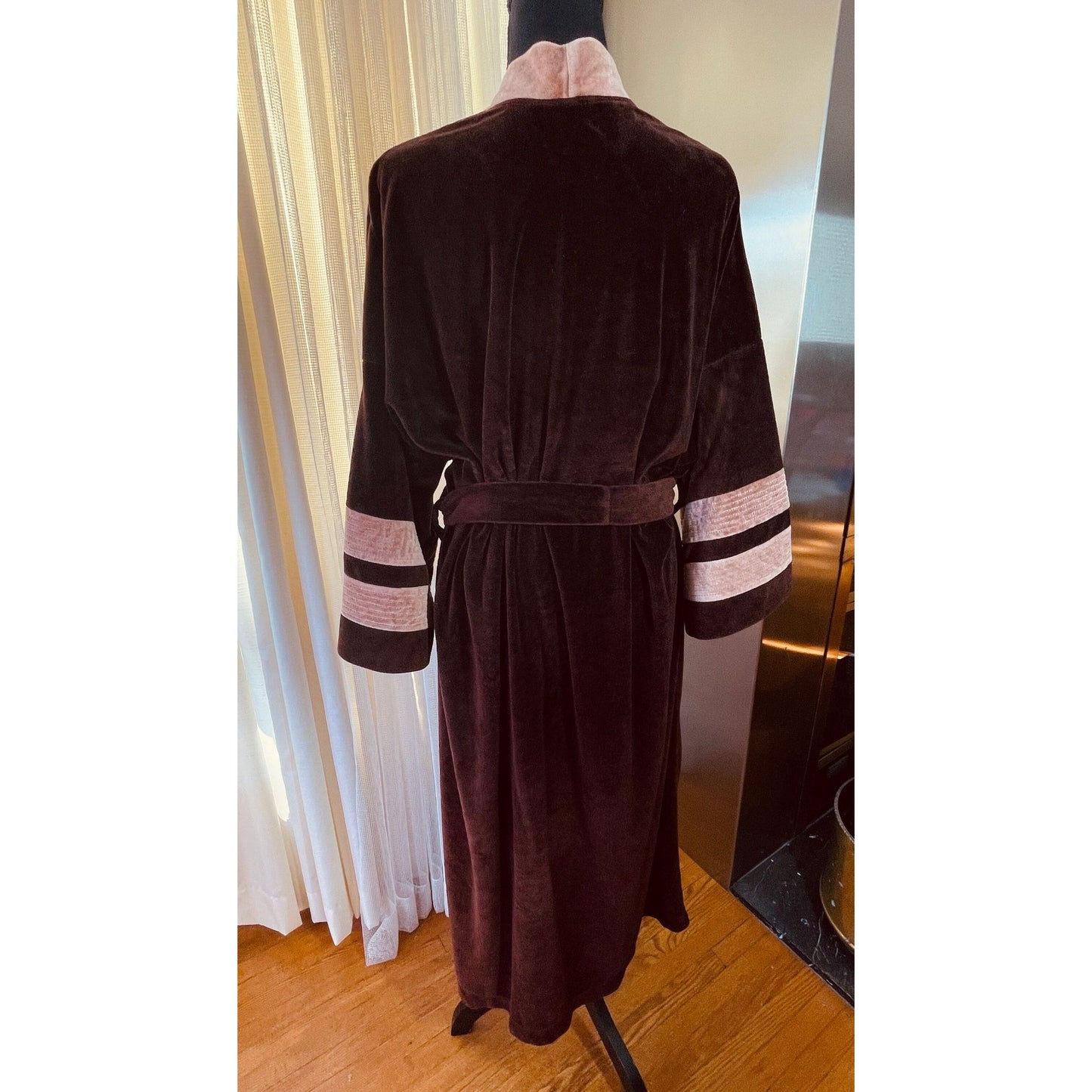Vintage 1970s bathrobe, chocolate brown velvet, Pierre Cardin