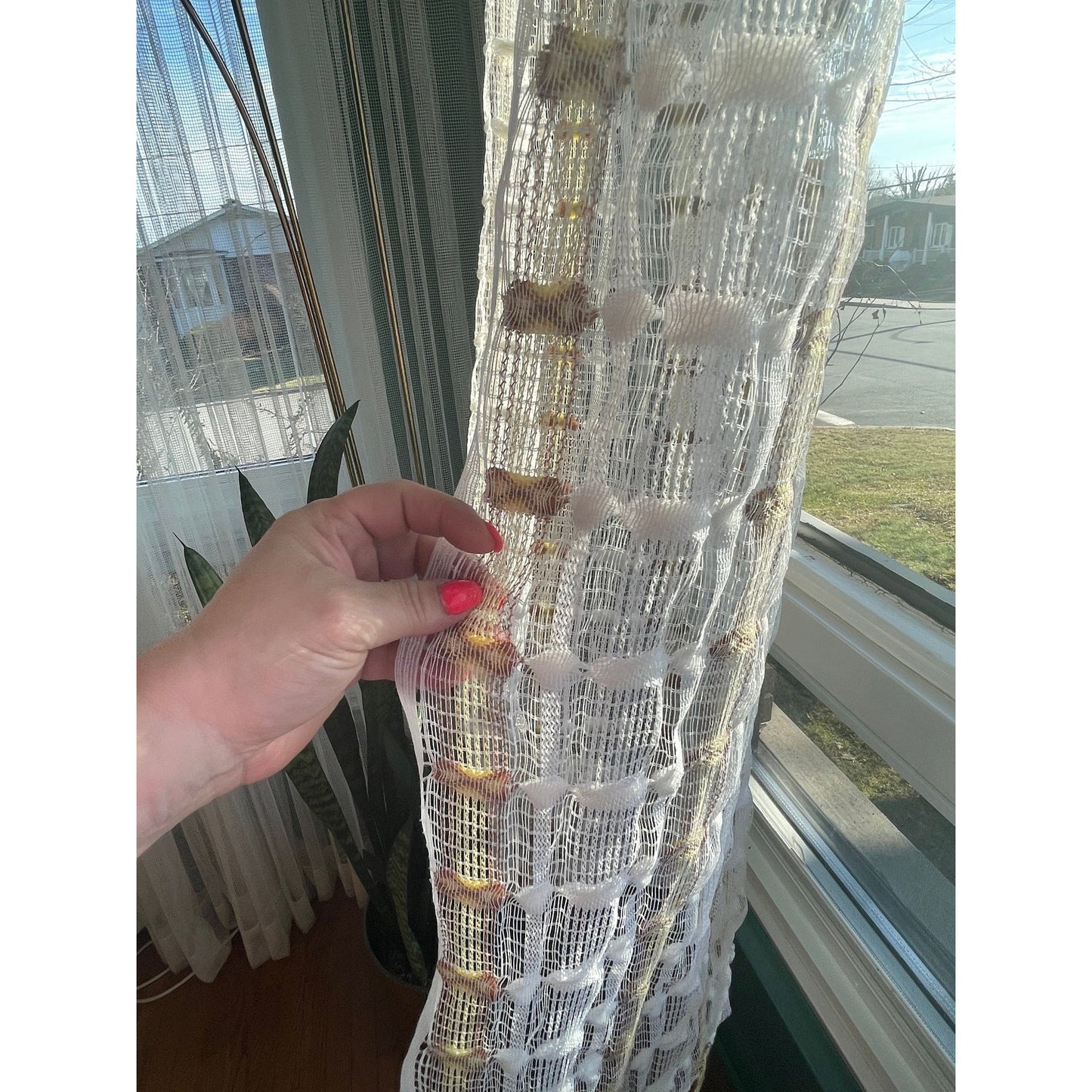 Vintage 70s curtain, orange brown geometric pattern, fluffy mesh panel