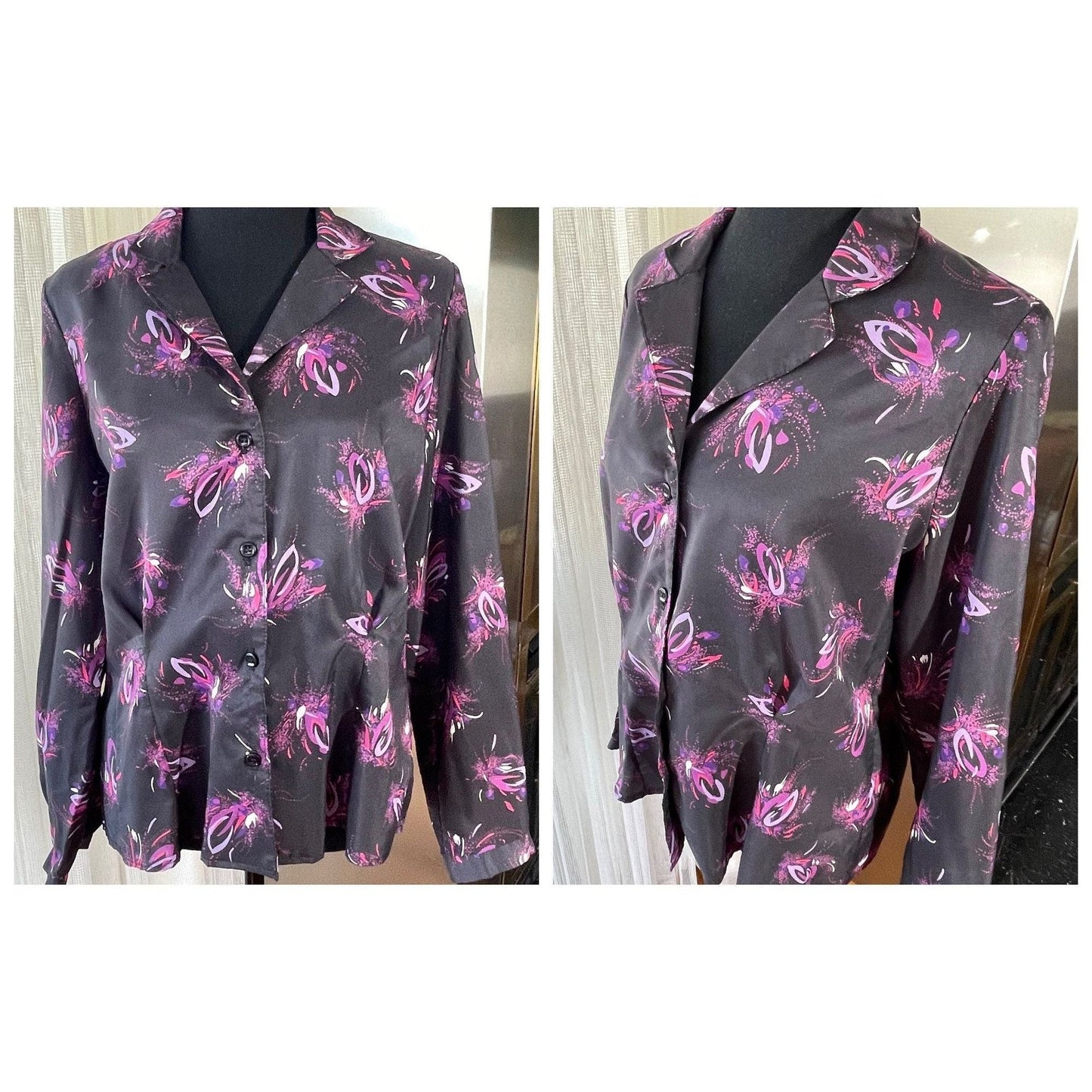 Vintage 80s satin blouse, black and hot pink, long sleeves