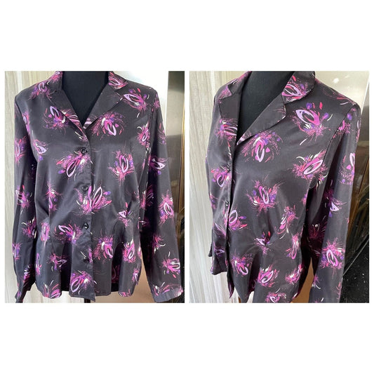 Vintage 80s satin blouse, black and hot pink, long sleeves