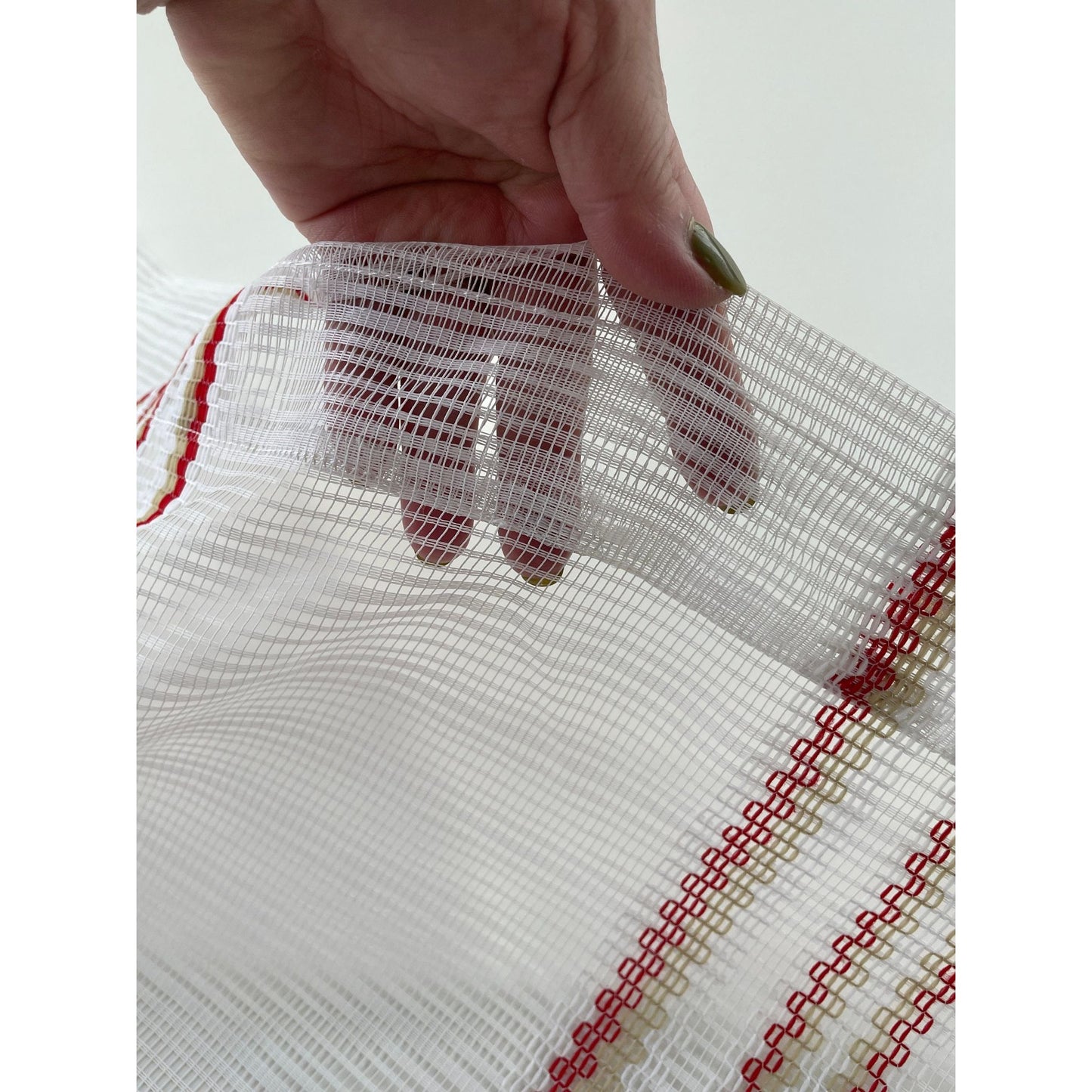 Vintage 70s curtain, red green sheer mesh panel