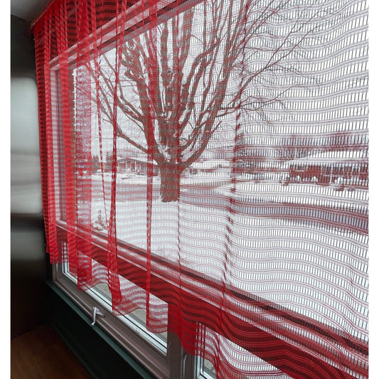 Vintage 70s net woven curtain, red, with tiebacks