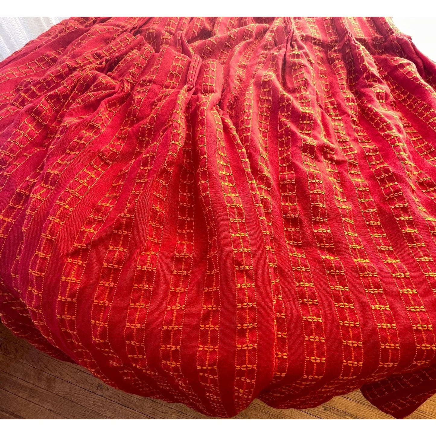 Vintage 70s pleated curtains, pair of red woven panels