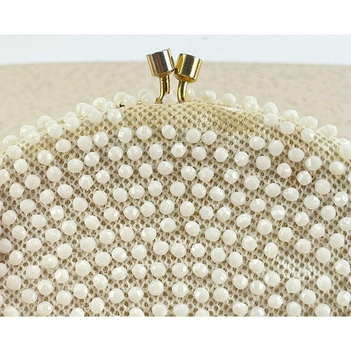 Vintage 50s cream beaded purse, Mid Century clutch,