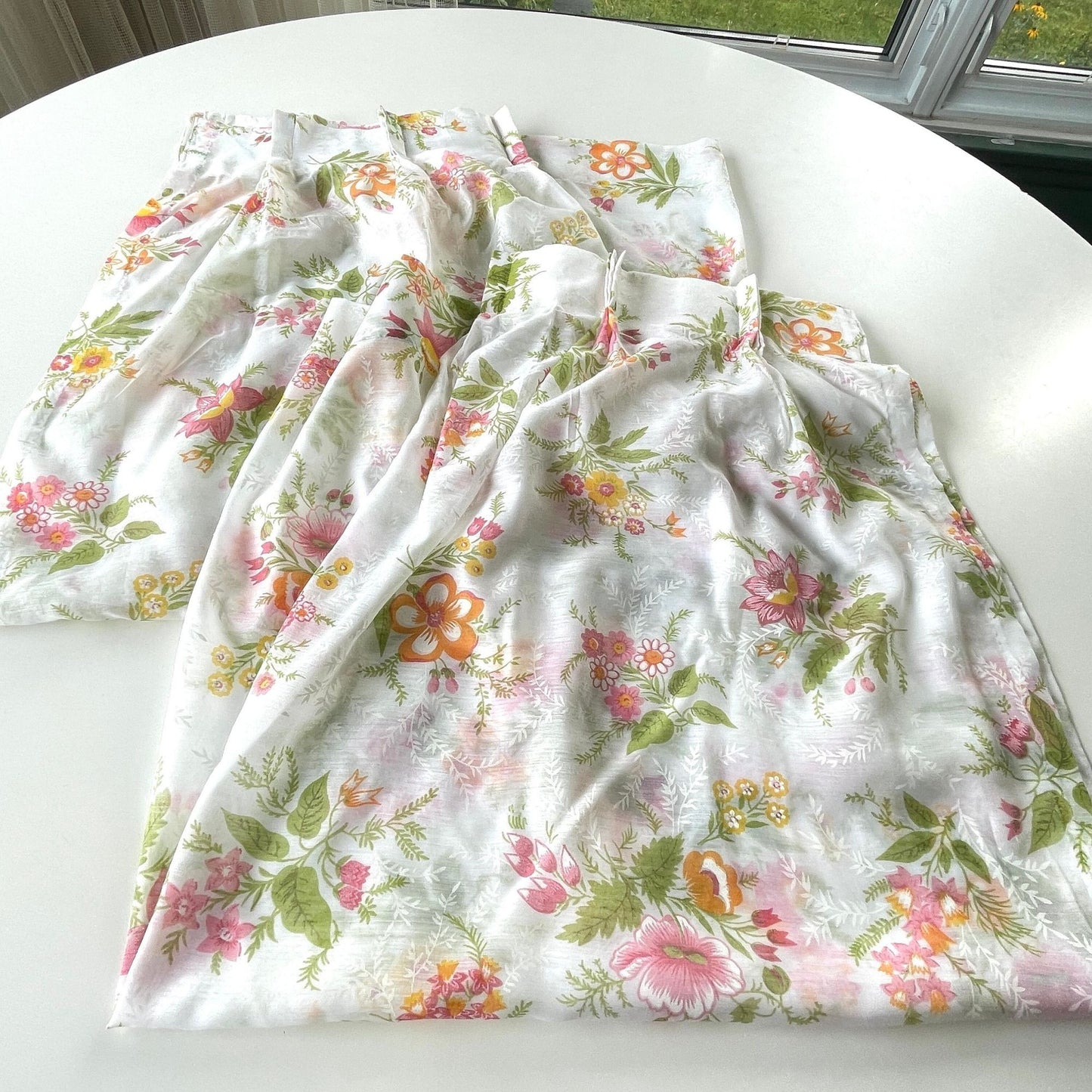 Vintage 70s pleated curtains, orange pink yellow flowers