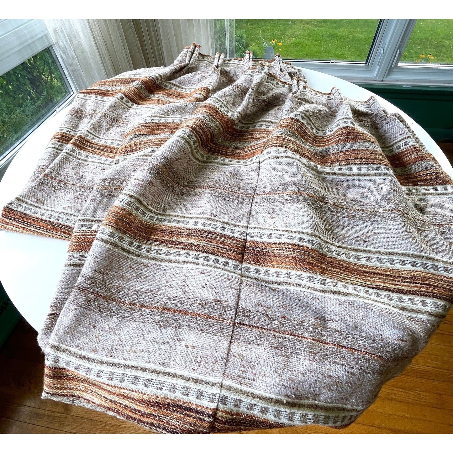 Vintage 70s pleated curtains, brown stripes