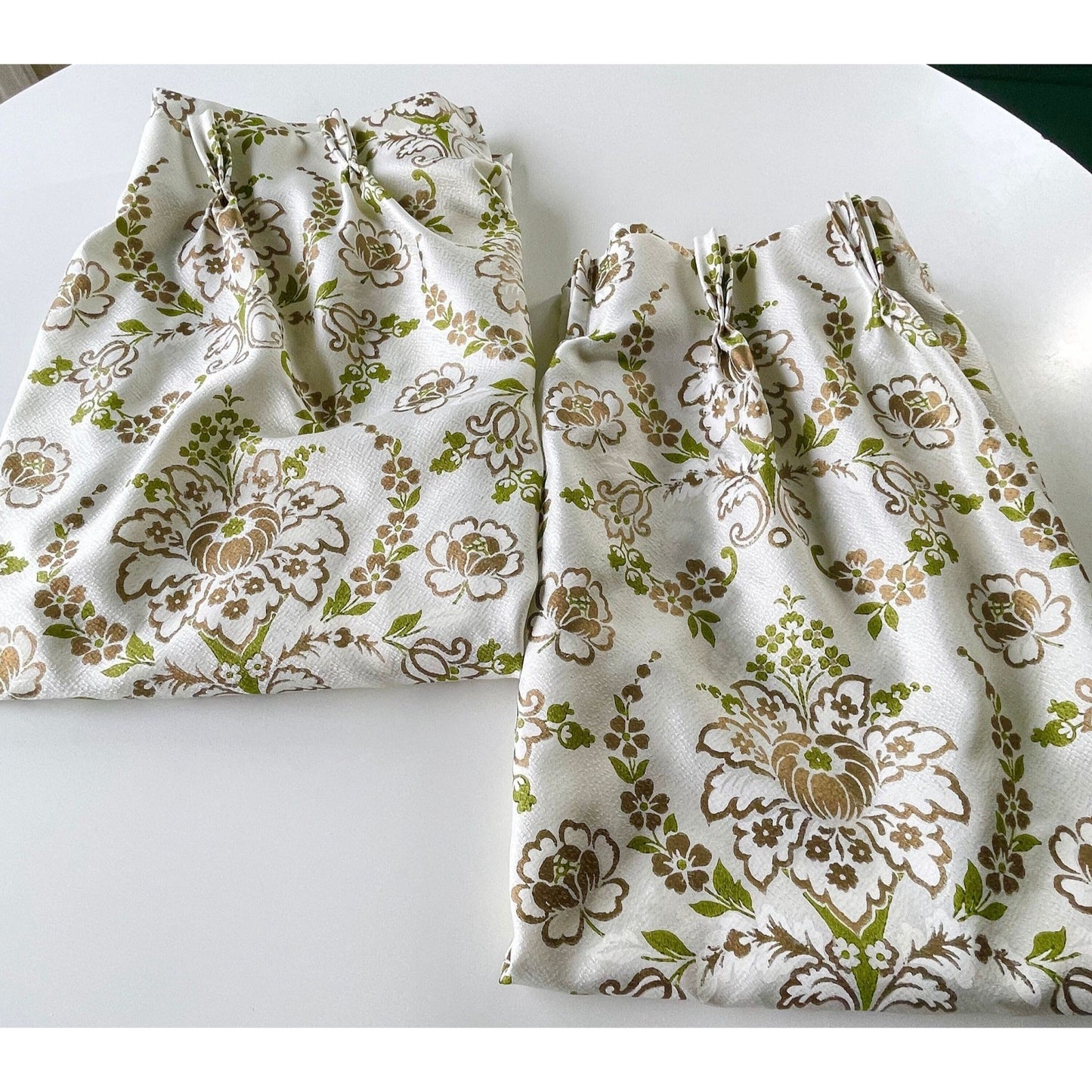 Vintage 60s pleated curtains, green and gold fiberglass panels