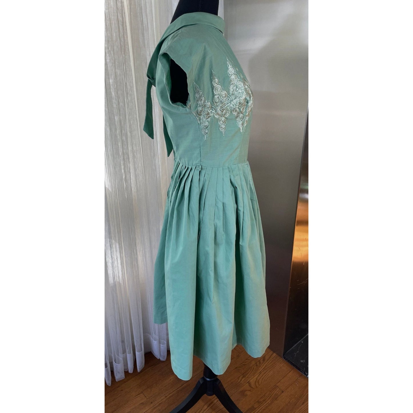 Vintage 50s swing dress, mint green, boat collar, detailed embroidery