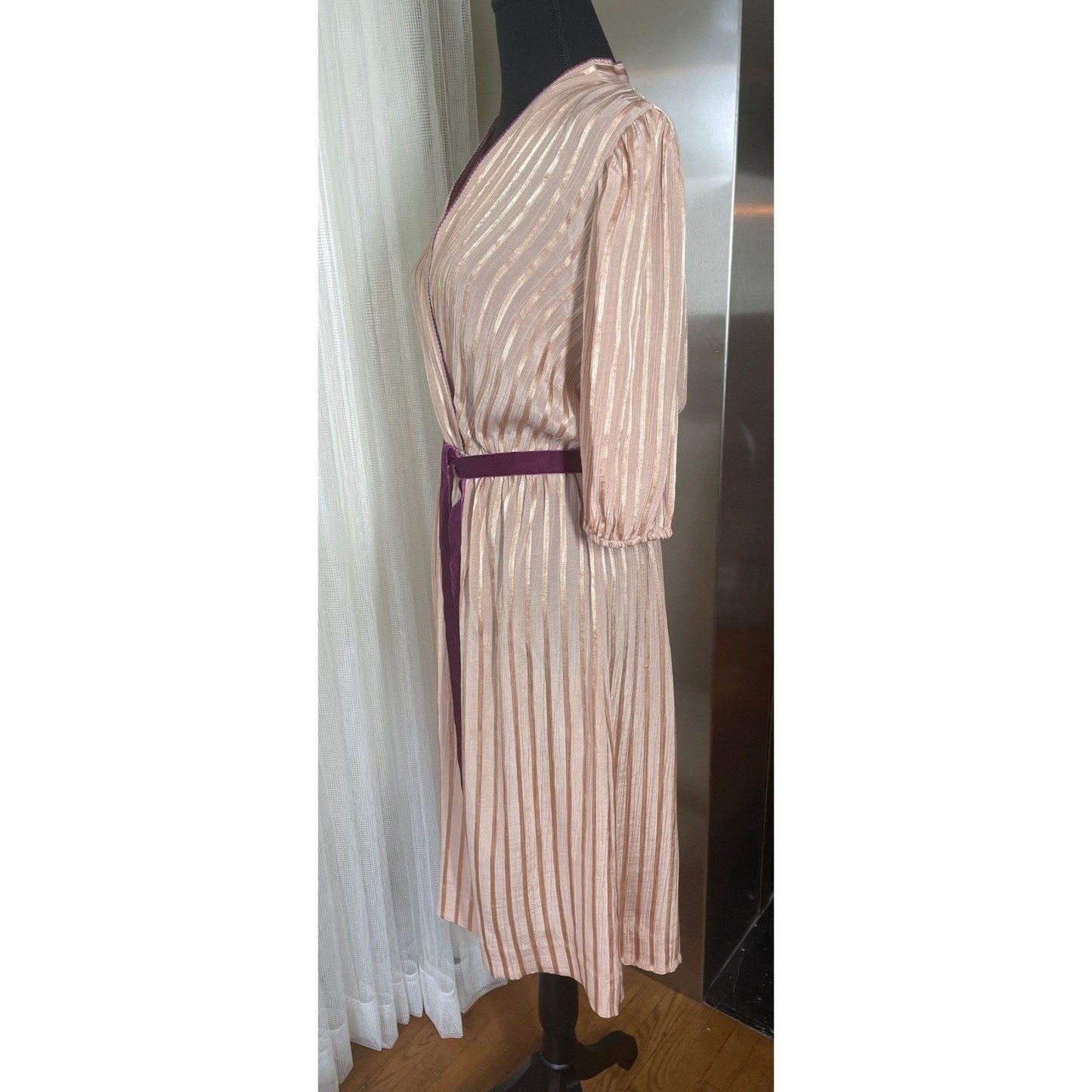 Vintage 80s dress, gold rose textured, velvet raspberry ribbon