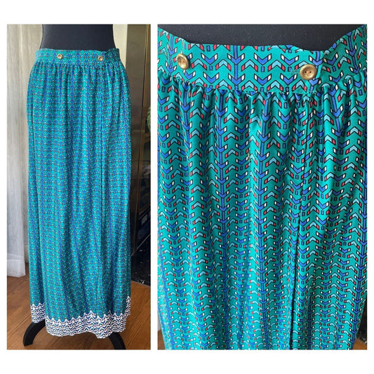 Vintage 80s wrap skirt, teal and blue, ankle length, Oleg Cassini